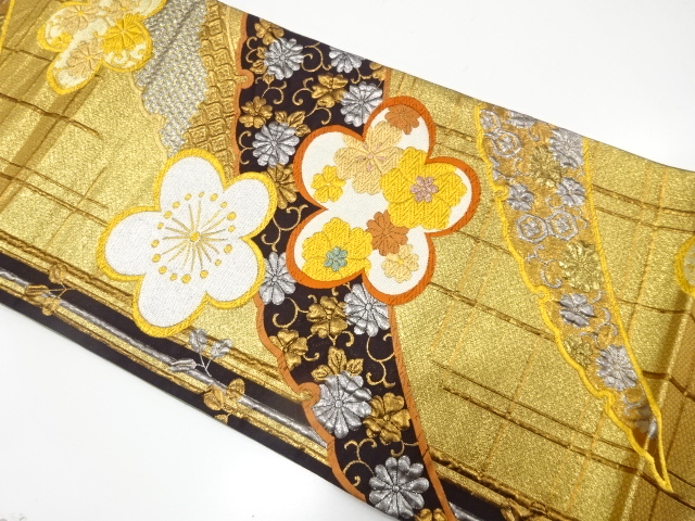 JAPANESE KIMONO / FUKURO OBI FOR FURISODE / SILK / WOVEN SNOWFLAKE & UME & KIKU & HAGI